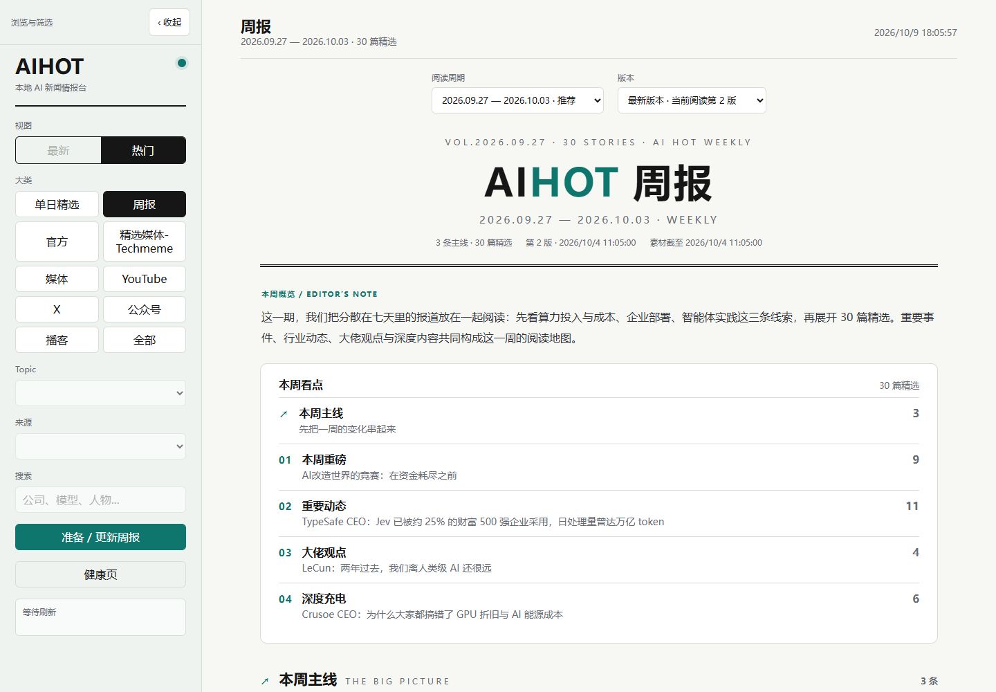 AIHOT 周报真实界面,展示本周主线、重要动态、大佬观点与深度充电